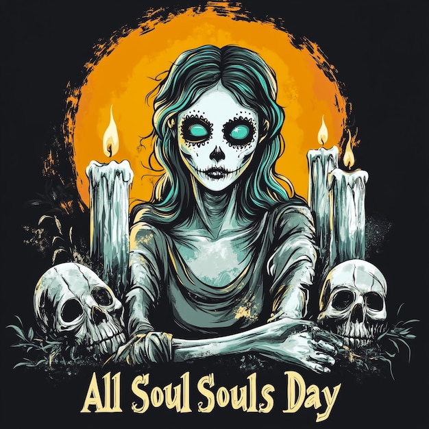 a poster for all souls day with candles and a skull