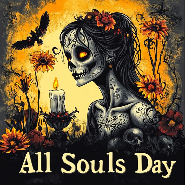 a poster for all souls day with flowers and a womans face