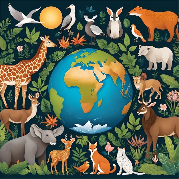 a poster of animals and animals with the world in the background