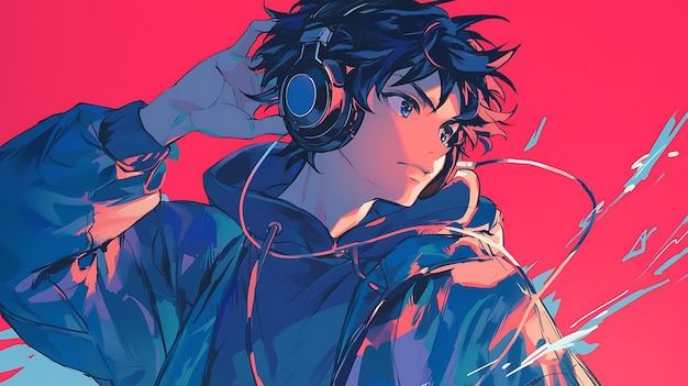 a poster of a anime character with headphones on the face