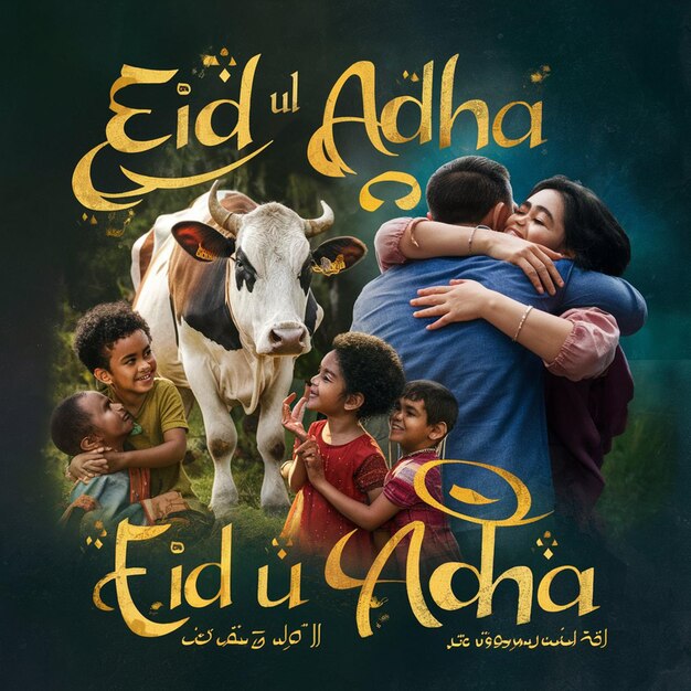 Photo a poster for a arabic arabic arabic festival with a cow and a woman with a child in the middle