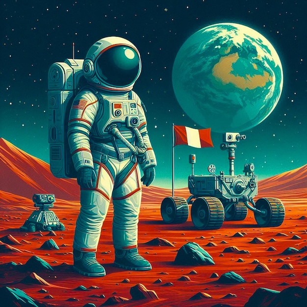 Photo a poster of an astronaut with a red planet in the background