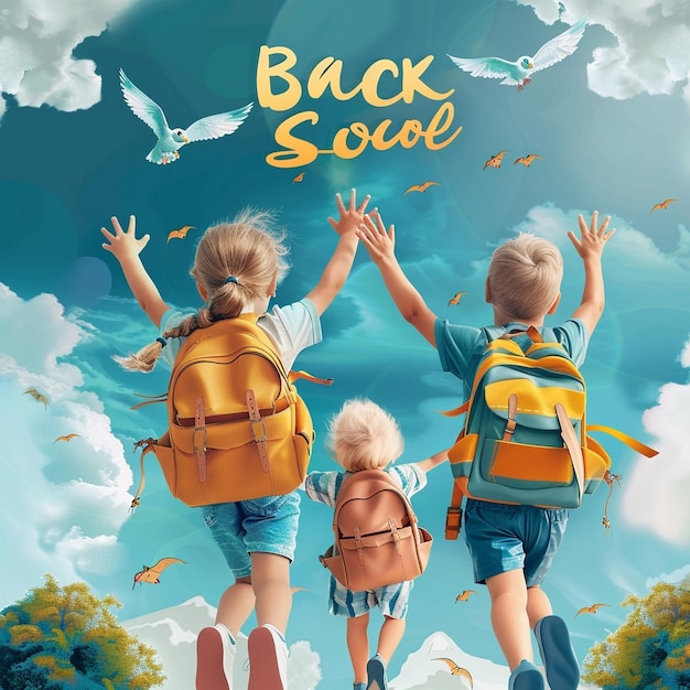 Photo a poster for back to back with two children holding hands and a bird flying in the sky