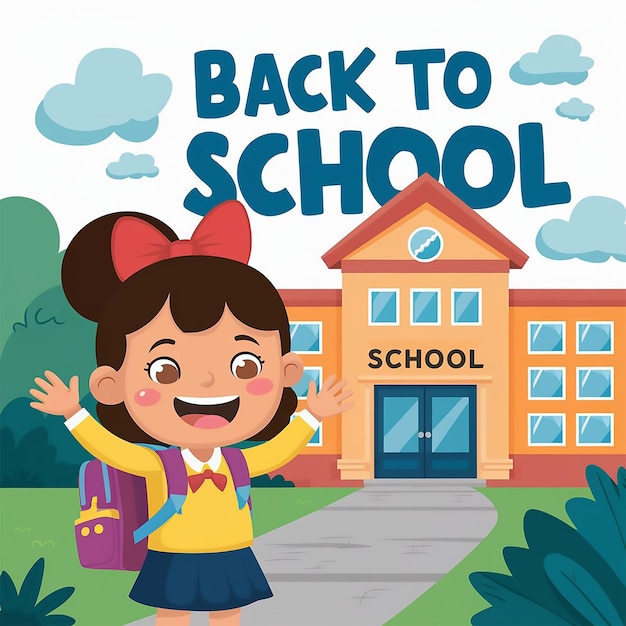 a poster for back to school with a girl waving and a school building behind her