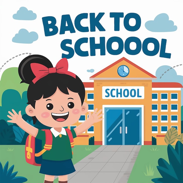 a poster for back to school with a girl waving in the wind