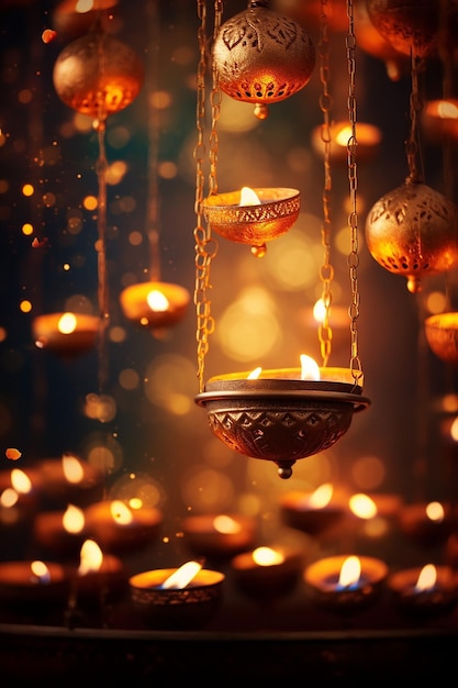 poster backdrop of softly glowing earthen lamps diyas with a focus on the lohri festival