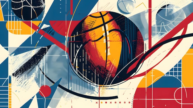 a poster for basketball is shown with a picture of a basketball in the middle