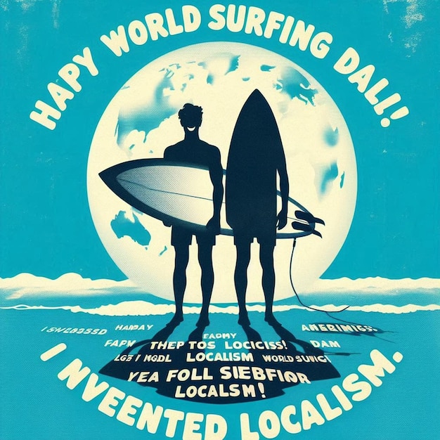 Photo a poster for a beach day showing a man and a surfer with a surfboard on the top