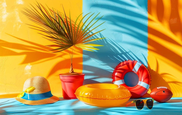 a poster of a beach scene with sunglasses and a lifeguard hat