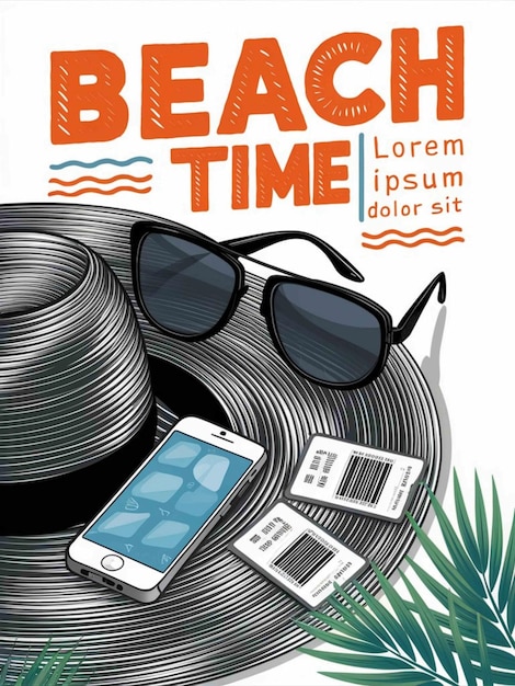 a poster for the beach time shows a phone and sunglasses