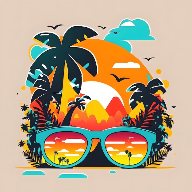 A poster for a beach with a pair of sunglasses and a mountain in the background.