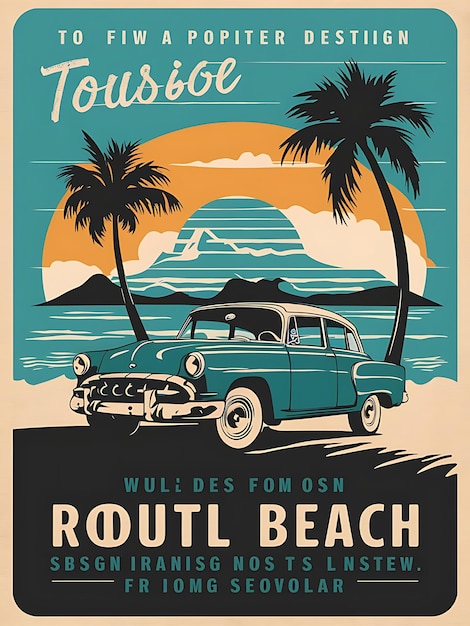 a poster for a beach with palm trees and a car with palm trees on the top