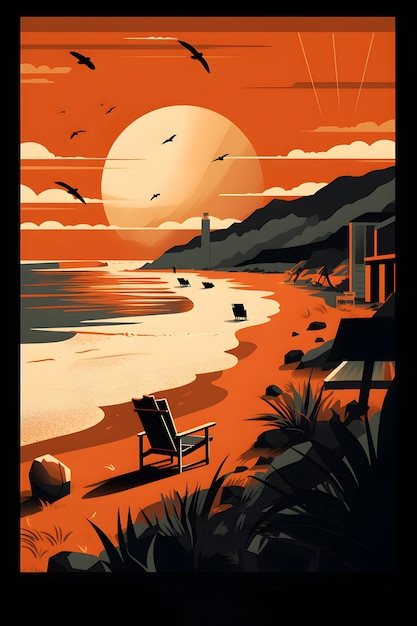 A poster for a beach with a sunset and a chair on it.