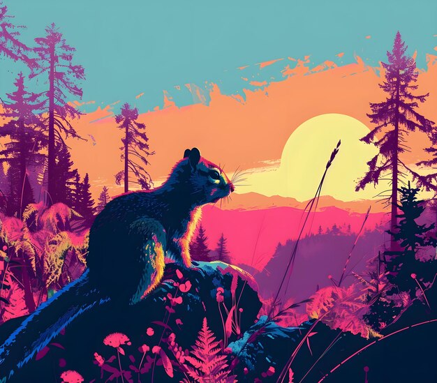 a poster of a beaver with a mountain in the background