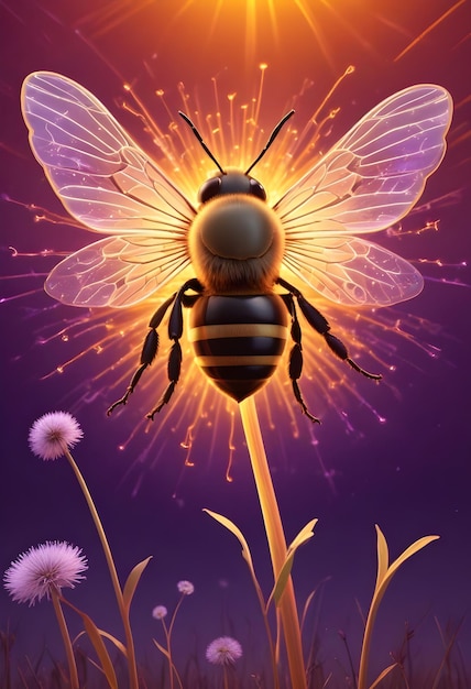 a poster for a bee with a purple background with a purple background with a purple background with a butterfly on it