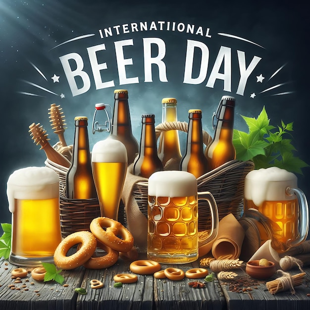 a poster of beer day with beer bottles and donuts