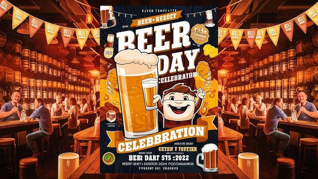 a poster for beer with a man wearing a hat and glasses