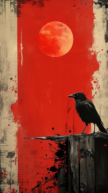 a poster for a black bird with a red background with a full moon in the background