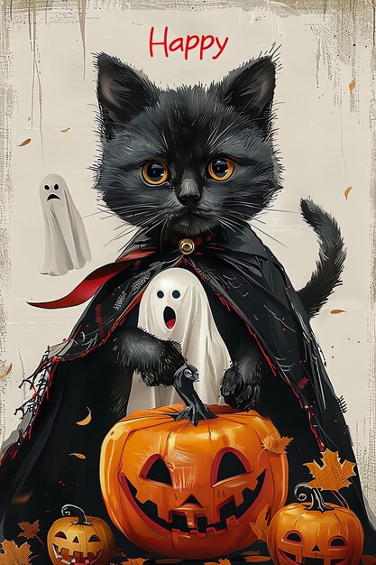 Photo a poster for a black cat dressed as a cape and a pumpkin