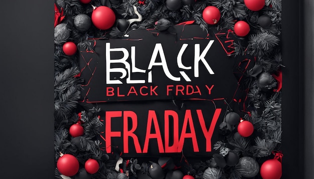 a poster for black friday sale with red and black balls