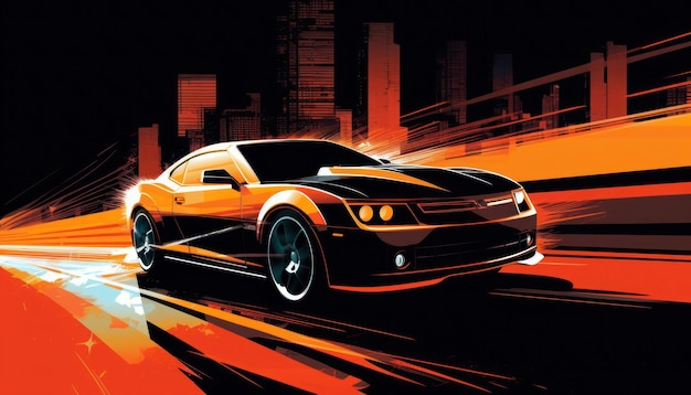 A poster of a black and orange chevrolet camaro.