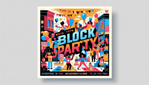 Photo a poster for block party with a cartoon on the top