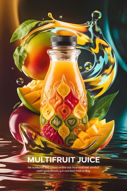 Photo a poster for a bottle of juice with a bottle of juice and a fruit ai generative