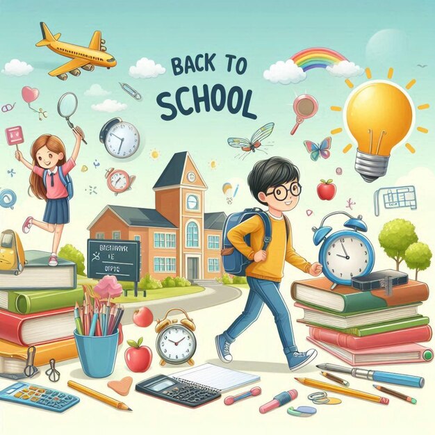 a poster of a boy and girl with books and a school book with the words back to school