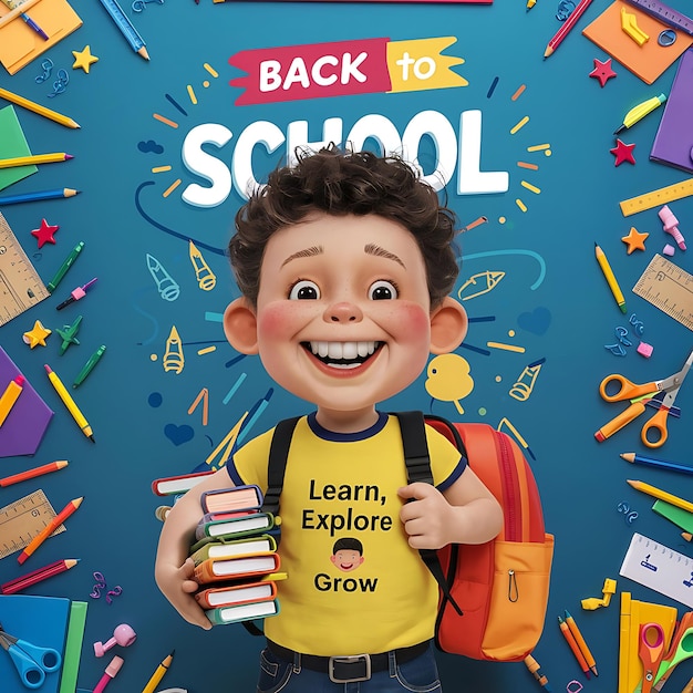 a poster of a boy holding books with the words back to school