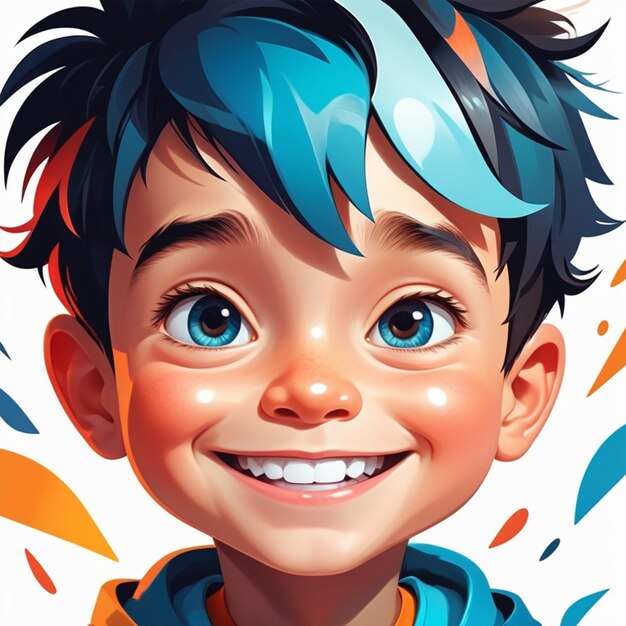 a poster of a boy with blue eyes and a blue haircut