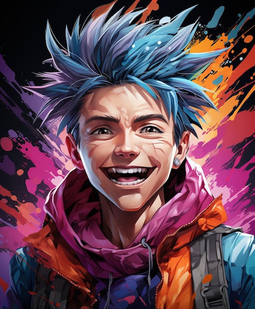 A poster for a boy with a funny face and a colorful jacket