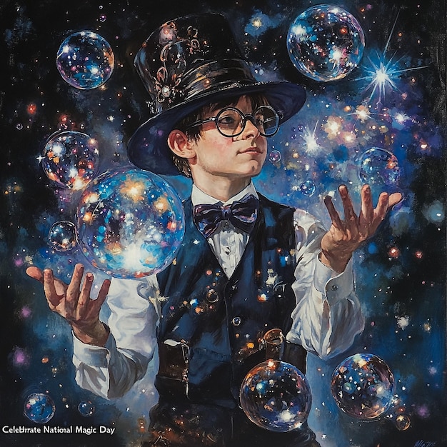 a poster of a boy with glasses and a hat that says  magic