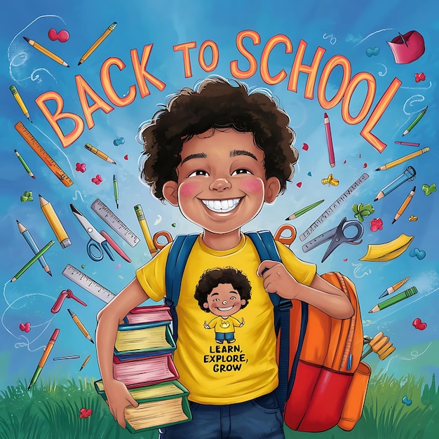 a poster of a boy with a yellow shirt that says back to school