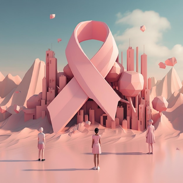 a poster for breast cancer awareness with women in pink dresses and pink ribbon