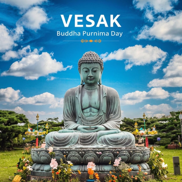 a poster for a buddha day with a blue sky and clouds in the background