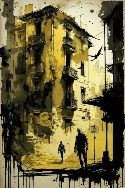 A poster of a building with a man walking in the street.