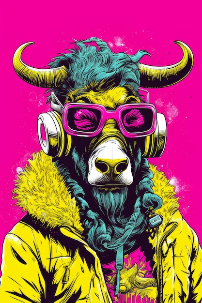 A poster of a bull with a yellow jacket and sunglasses.