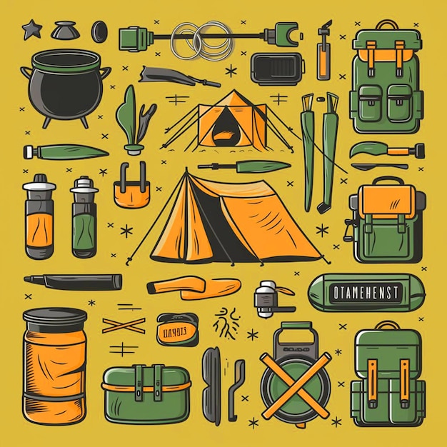 a poster for a camping tent with a campfire and a campfire