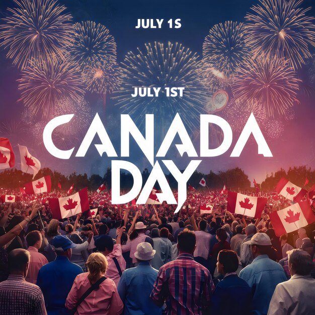 Photo a poster for canada day shows a crowd of people holding flags and fireworks