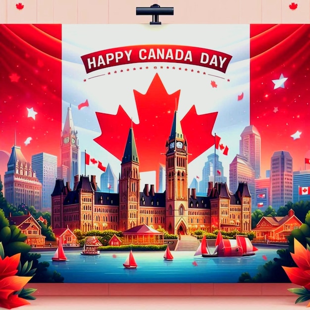 a poster for Canada day with a Canadian flag and a cityscape in the background