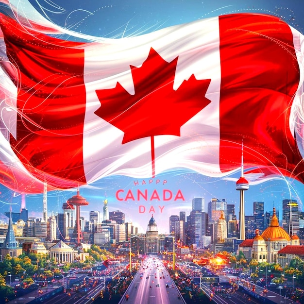 a poster for Canada day with a Canadian flag and a cityscape in the background