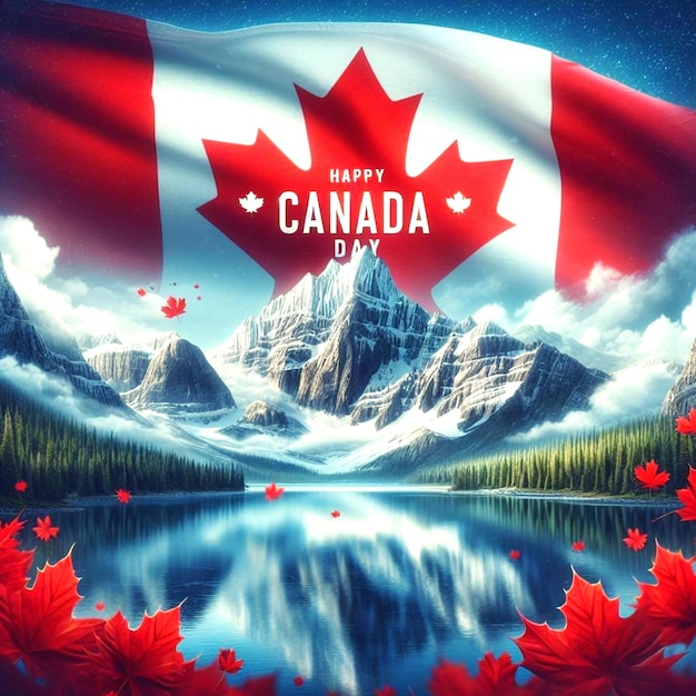 a poster for canada day with a flag and mountains in the background