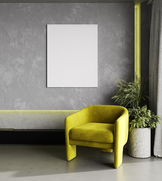 Poster canvas in modern interior with yellow armchair and neon lighting 3d rendering