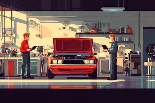 Photo a poster of a car with the hood up and two men in the kitchen with the hood up