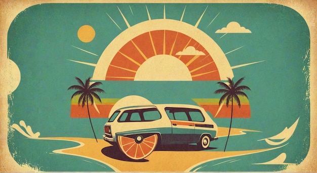 a poster for a car with a sun and palm trees