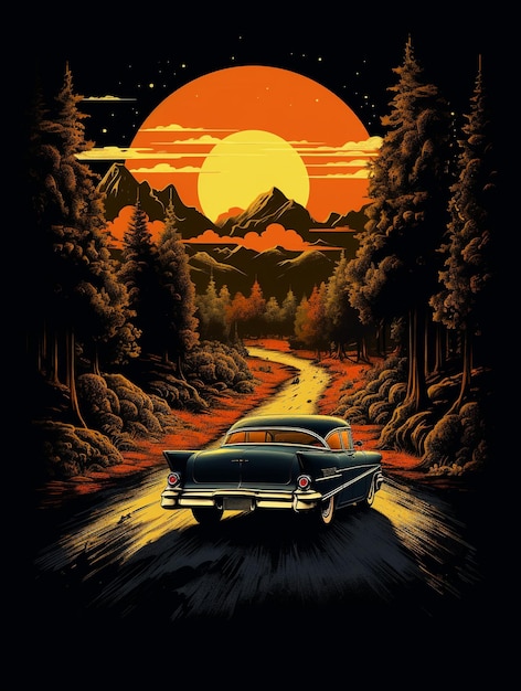 a poster for a car with a sunset in the background