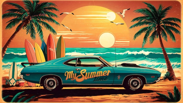 a poster of a car with a surfboard and palm tree SUMMER TIME