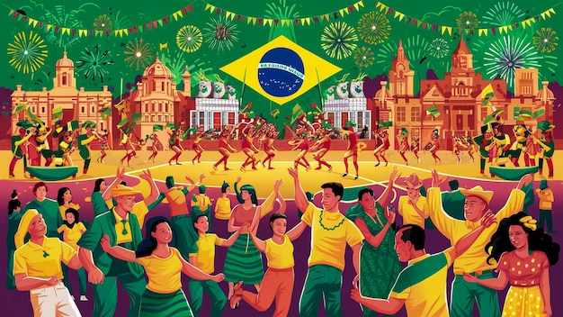 a poster of a carnival with people dancing and a flag