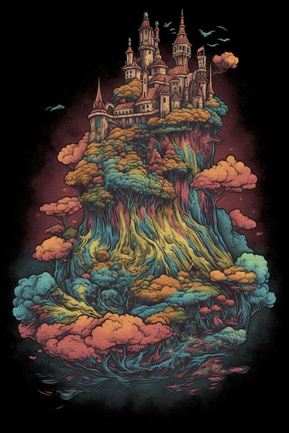 A poster for a castle on a mountain with a colorful sky and clouds.