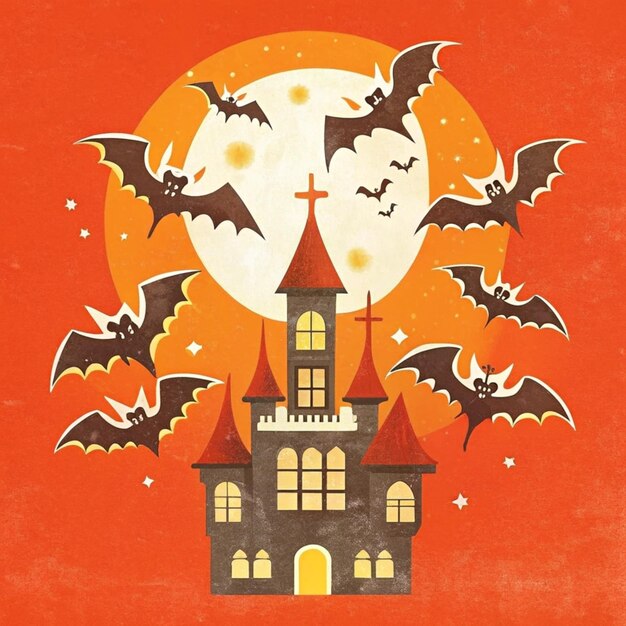 a poster for a castle with bats flying in the sky